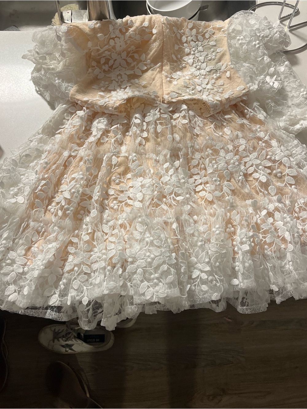 Luxe Peach Dress with White Lace Trim - Picture 2 of 3
